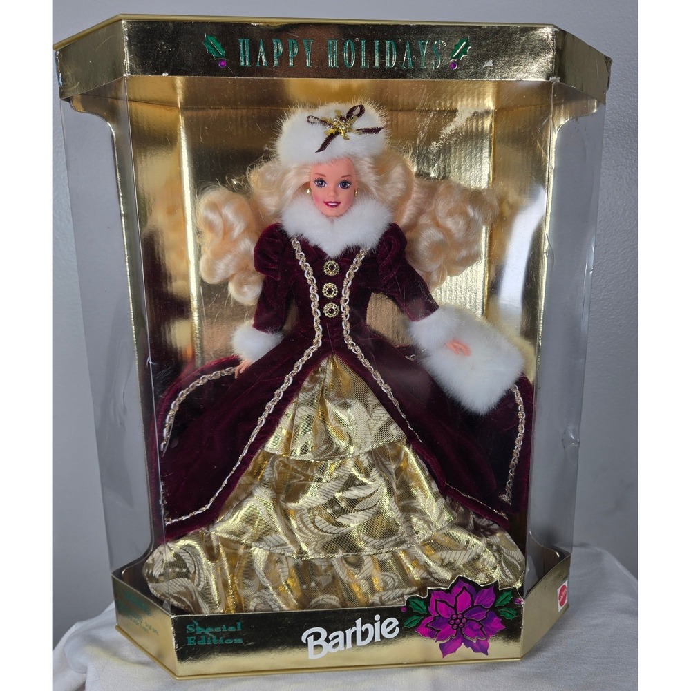 1996 Happy Holidays Barbie Special Edition Burgundy Gold Gown Mattel 15646 NIB